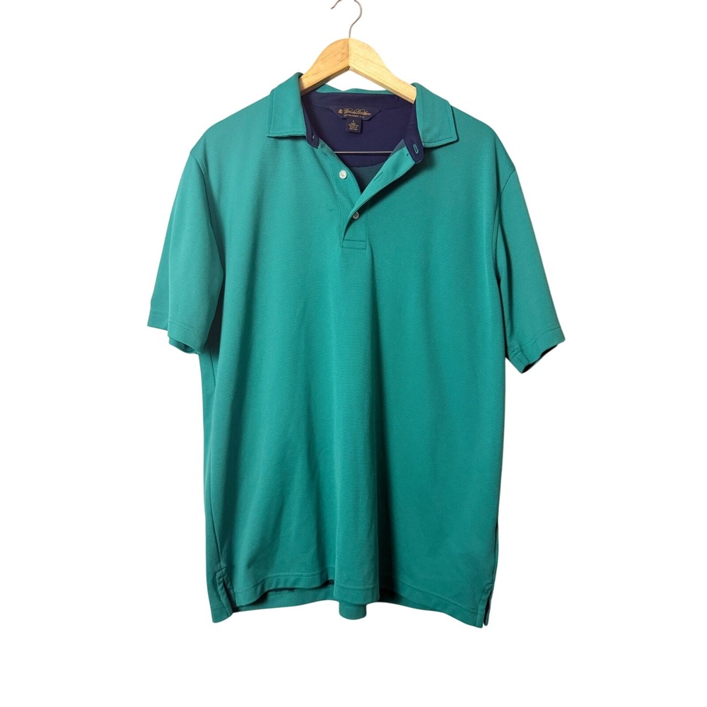 Brooks Brothers Mens Polo Shirt Green Navy Collar Short Sleeve Size L